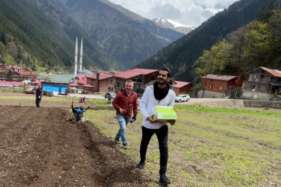 Uzungöl’de Arap turistler, tarlada mısır eken vatandaşlara hurma dağıttı, tarla belledi